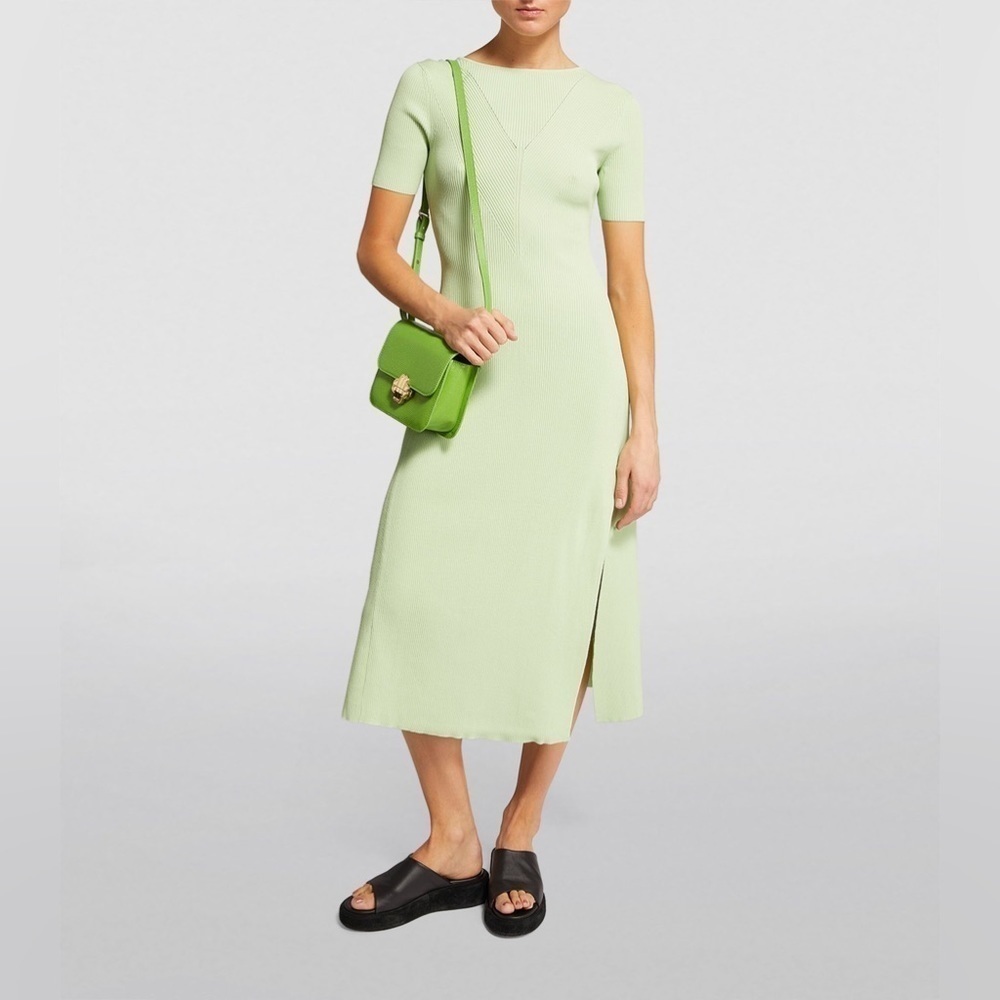 NWT MAJE Ruched Lace-Up Ribbed Stretch-Knitted Midi Dress Verts XS - Picture 4 of 14